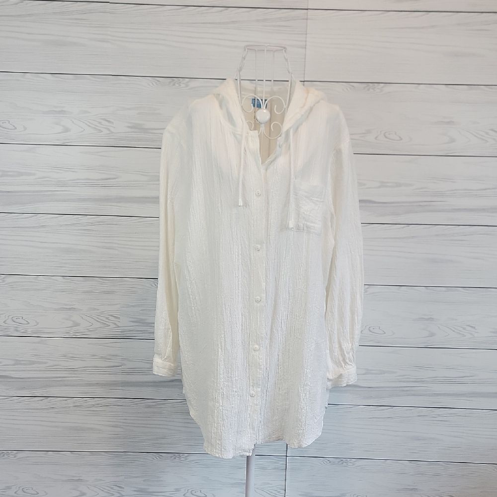 Dotti Cotton Swim Cover-up White Hooded Button-Up Shirt Womens Size L